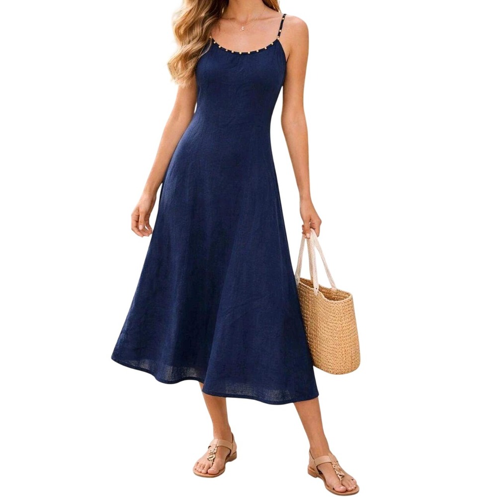 CALYPSO St. Barth Boho Luxe Beaded Navy Linen Midi Maxi Dress Small Luxe $495